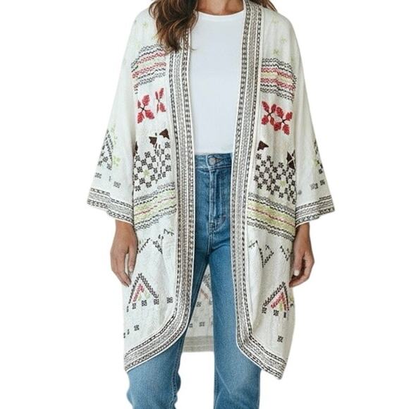 Johnny Was Sweaters - Johnny Was Los Angeles Embroidered Boho Kimono Cardigan Women M | White